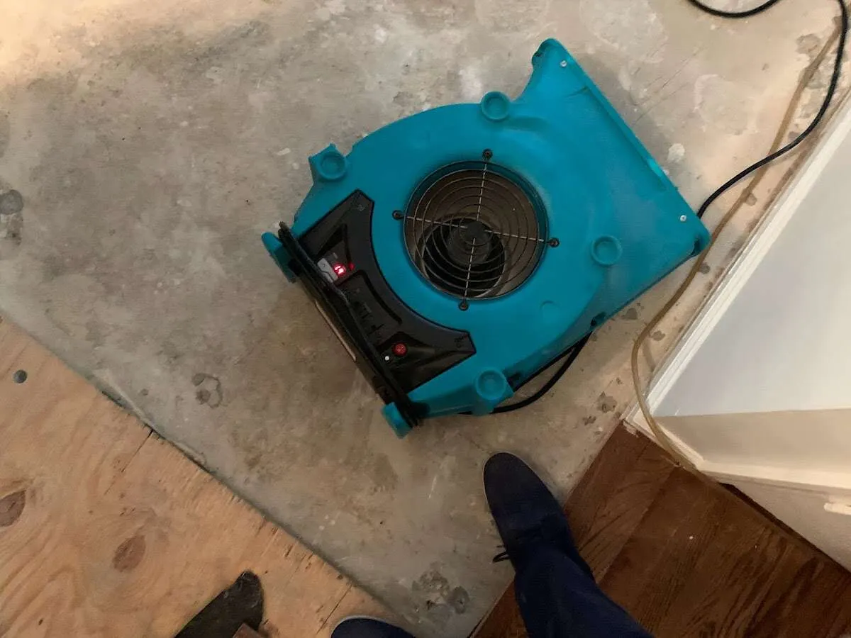 Air mover drying subfloor during Commercial Water Damage Restoration in Hampden
